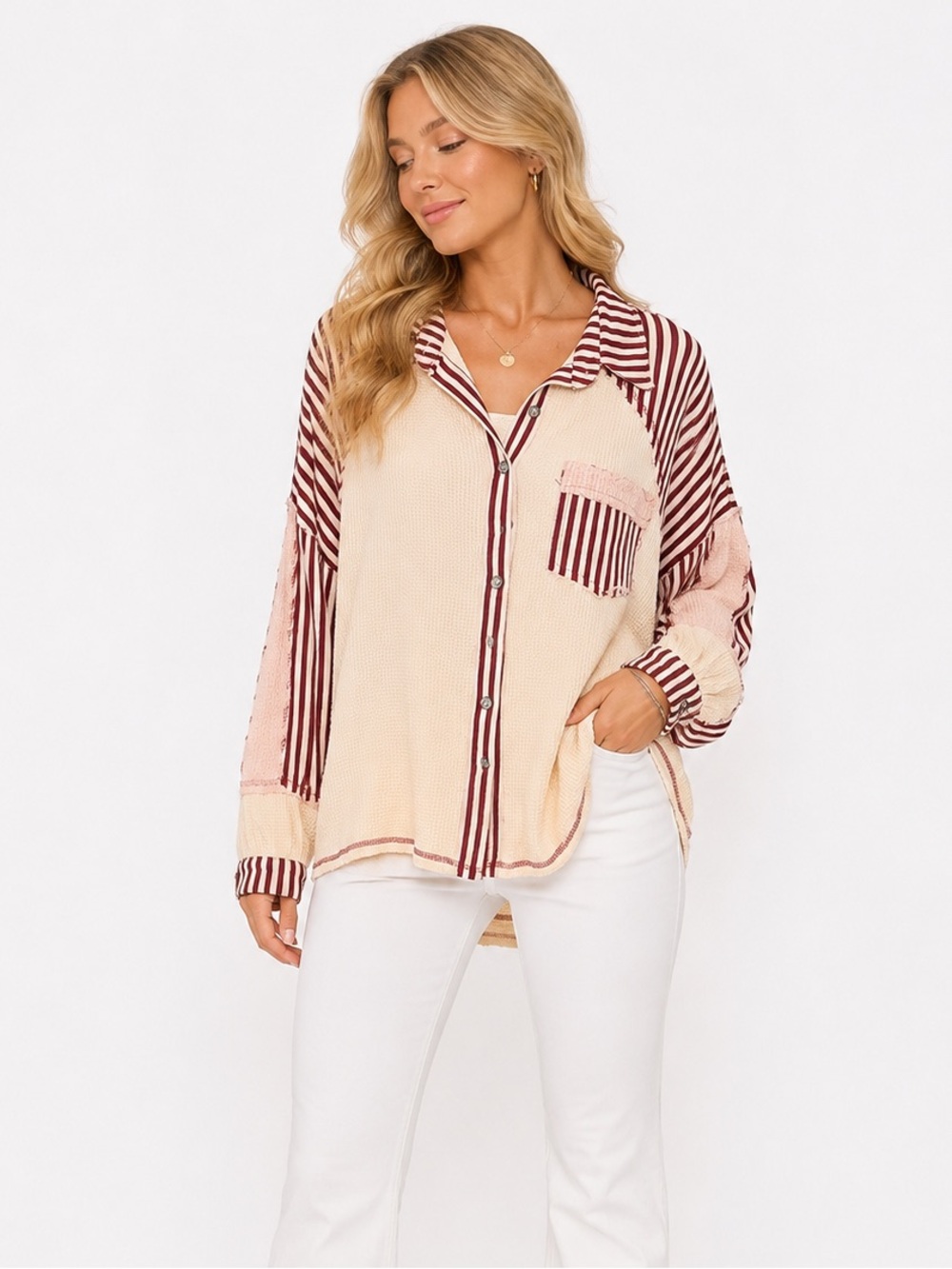 POL Size Small Anchor Striped Accent Cream and Burgundy Button-Front Women's Top
